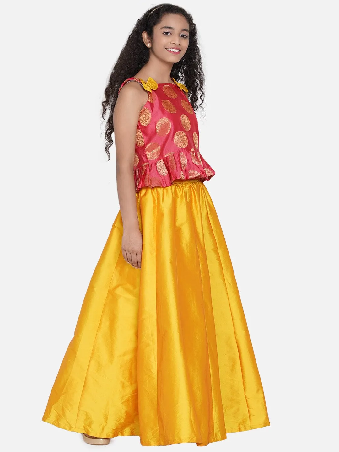 Girls Peach & Yellow Embellished Ready To Wear Lehenga Choli