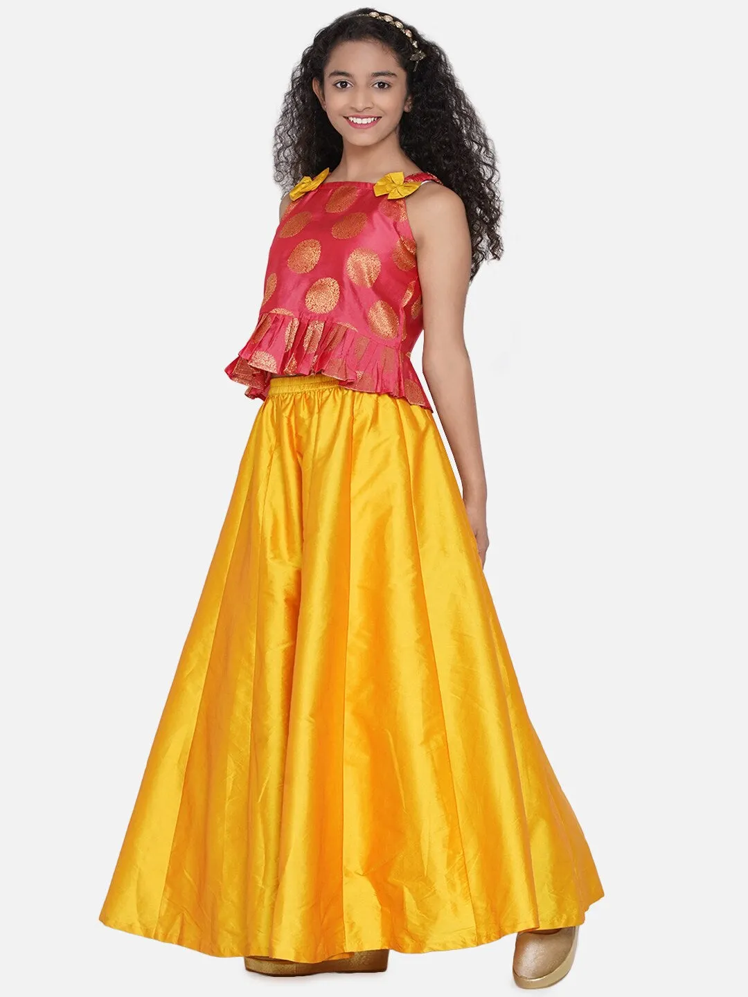 Girls Peach & Yellow Embellished Ready To Wear Lehenga Choli