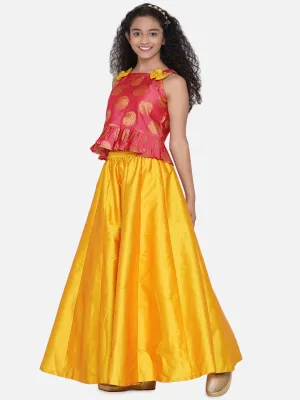 Girls Peach & Yellow Embellished Ready To Wear Lehenga Choli