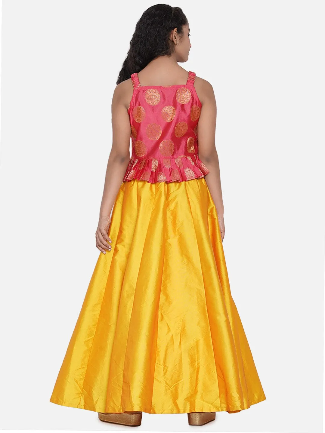 Girls Peach & Yellow Embellished Ready To Wear Lehenga Choli