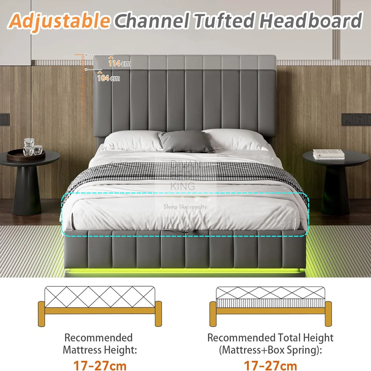 Giuliana Grey Leather LED Ottoman Storage Bed Frame