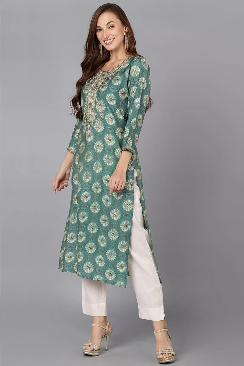 Green Silk Blend Straight Kurtas