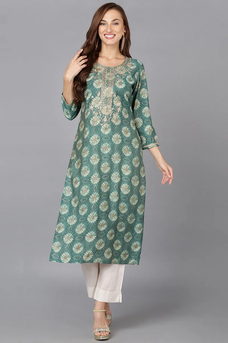 Green Silk Blend Straight Kurtas