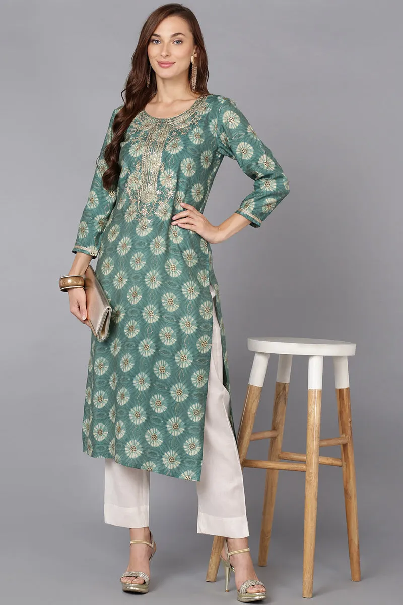 Green Silk Blend Straight Kurtas