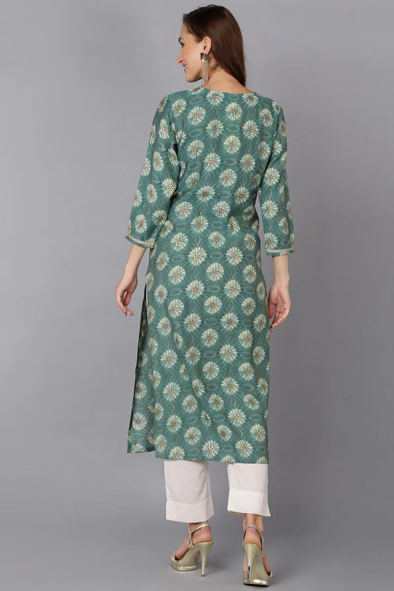 Green Silk Blend Straight Kurtas