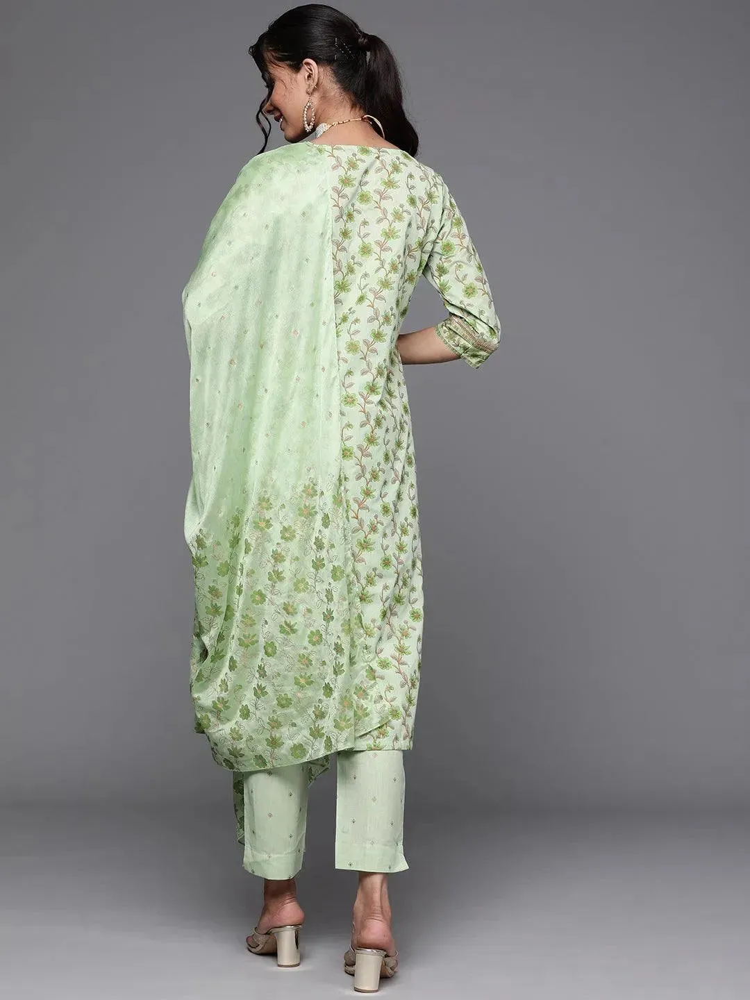 Green Yoke Design Cotton Straight Kurta With Dupatta