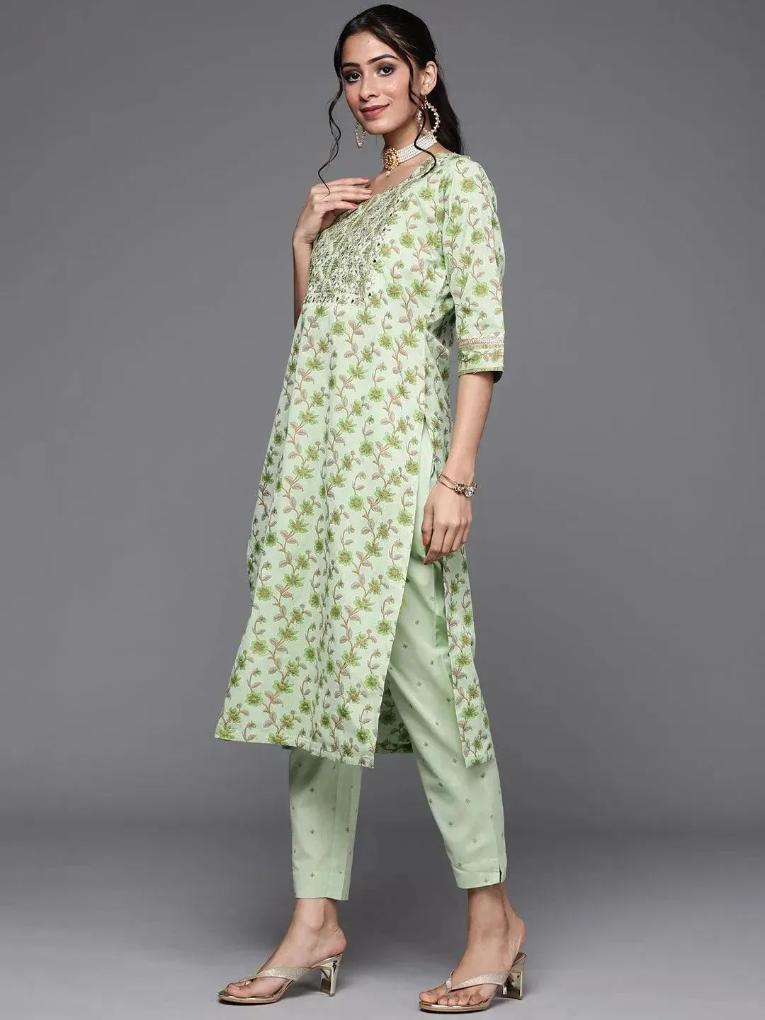 Green Yoke Design Cotton Straight Kurta With Dupatta