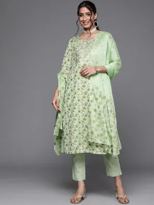 Green Yoke Design Cotton Straight Kurta With Dupatta
