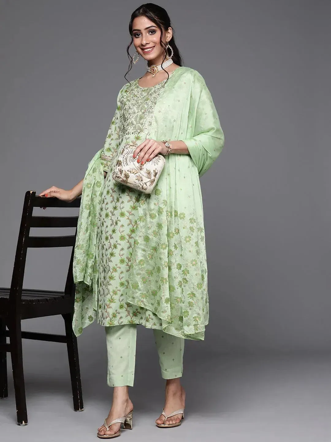 Green Yoke Design Cotton Straight Kurta With Dupatta