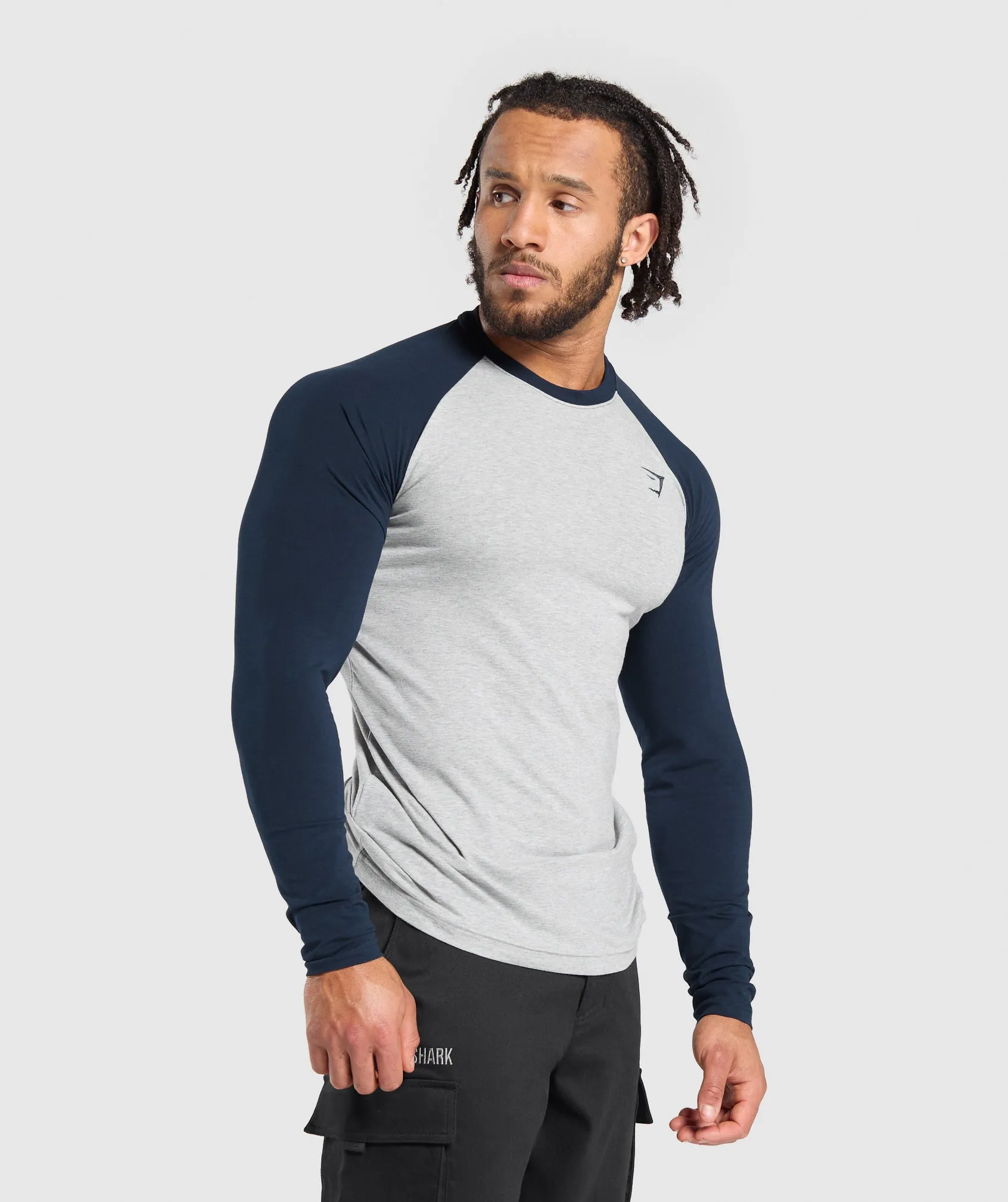 Gymshark Raglan Long Sleeve T-Shirt - Light Grey Core Marl/Navy