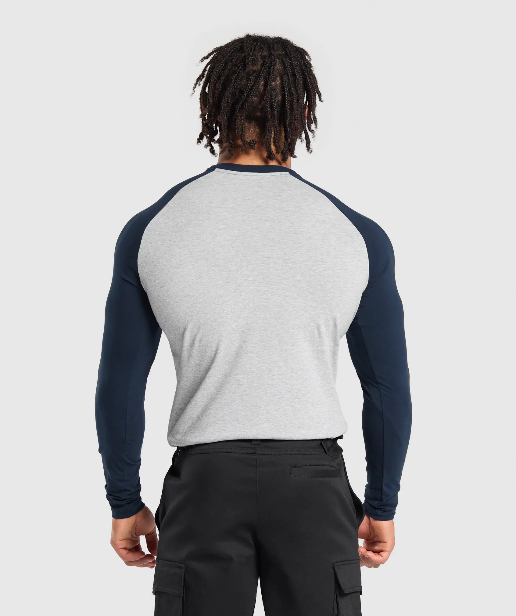 Gymshark Raglan Long Sleeve T-Shirt - Light Grey Core Marl/Navy