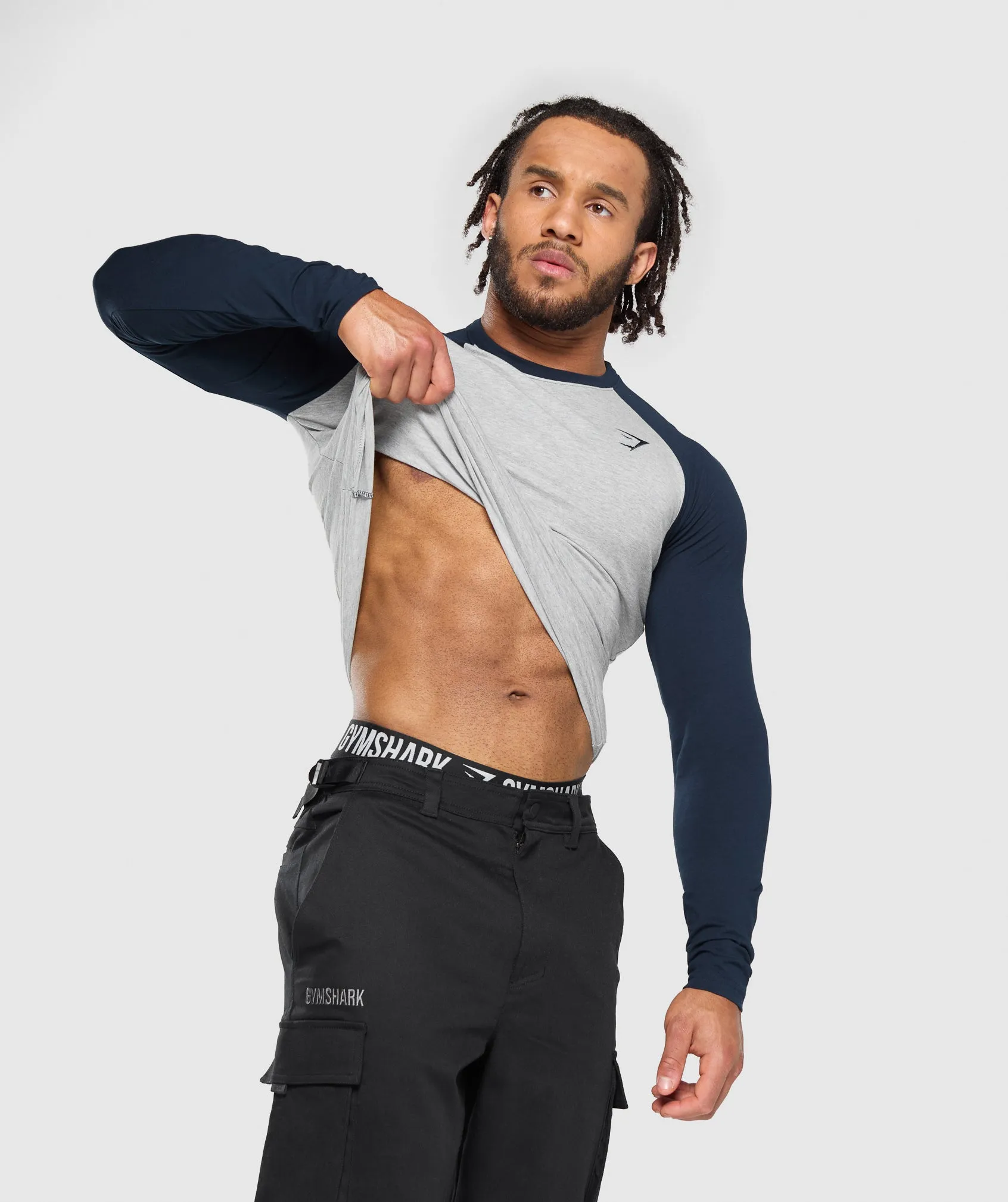 Gymshark Raglan Long Sleeve T-Shirt - Light Grey Core Marl/Navy
