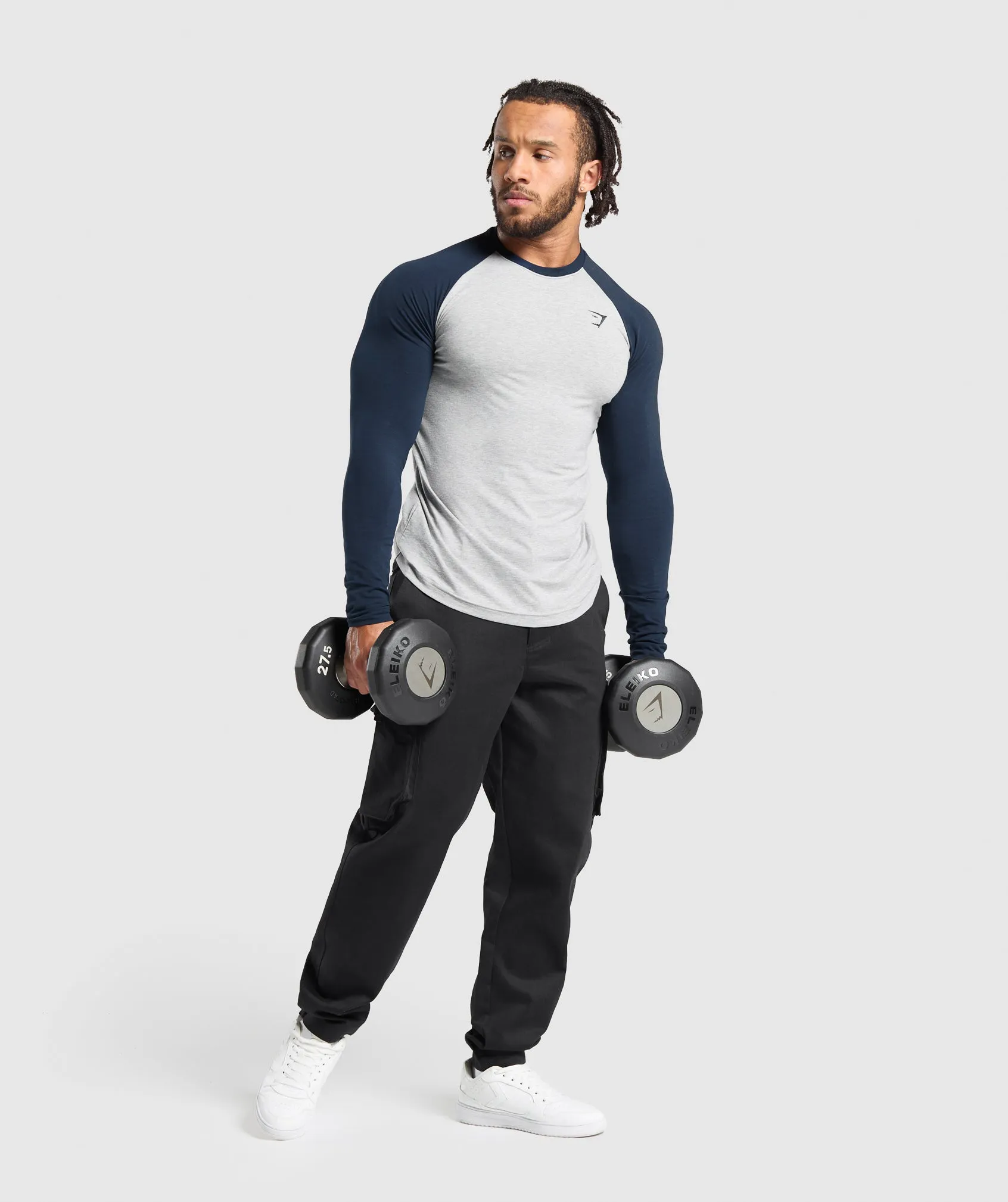 Gymshark Raglan Long Sleeve T-Shirt - Light Grey Core Marl/Navy
