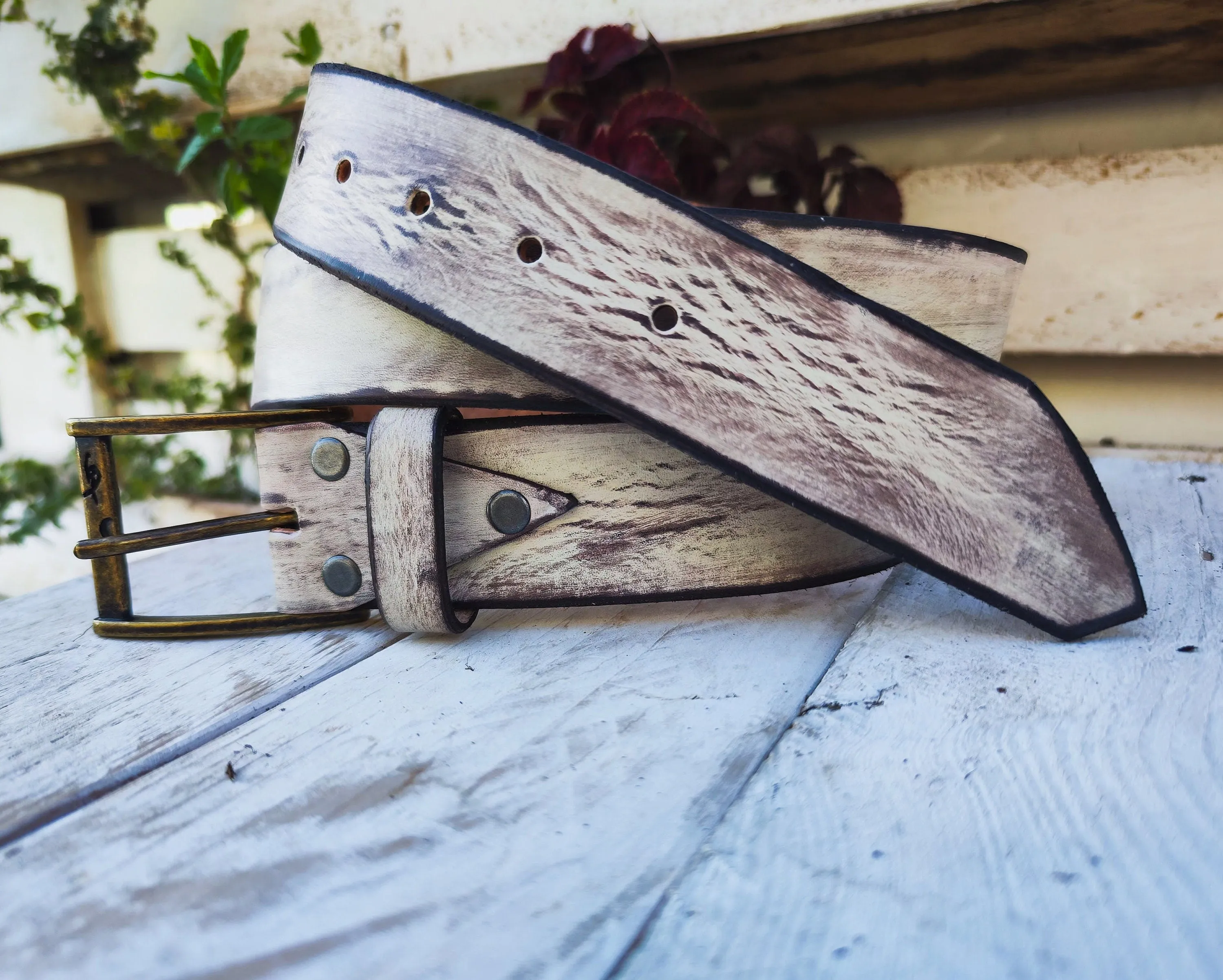 Handmade white creamy  Leather Belt with Beautiful Brown Wash - Unique and Stylish Accessory