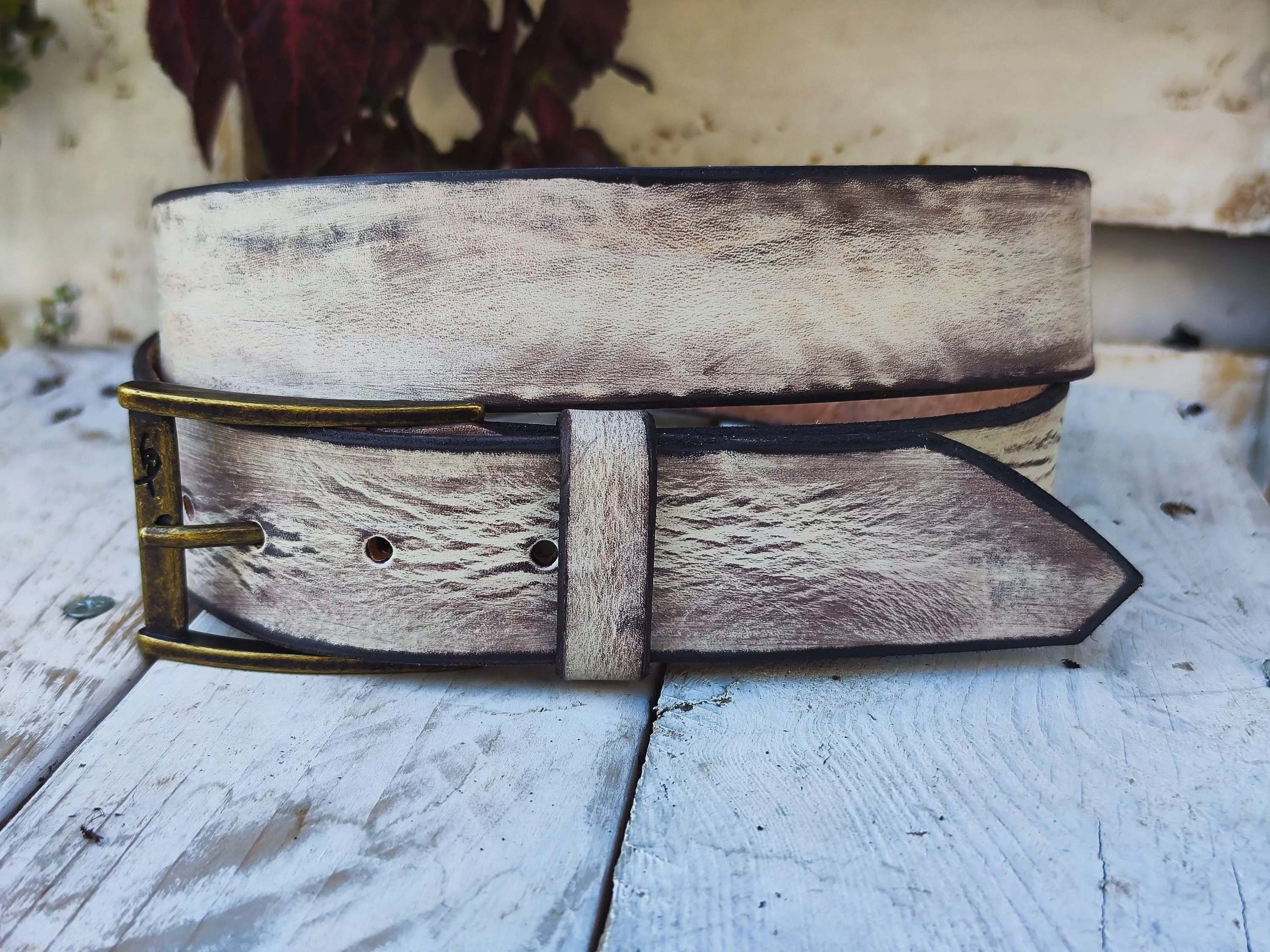 Handmade white creamy  Leather Belt with Beautiful Brown Wash - Unique and Stylish Accessory