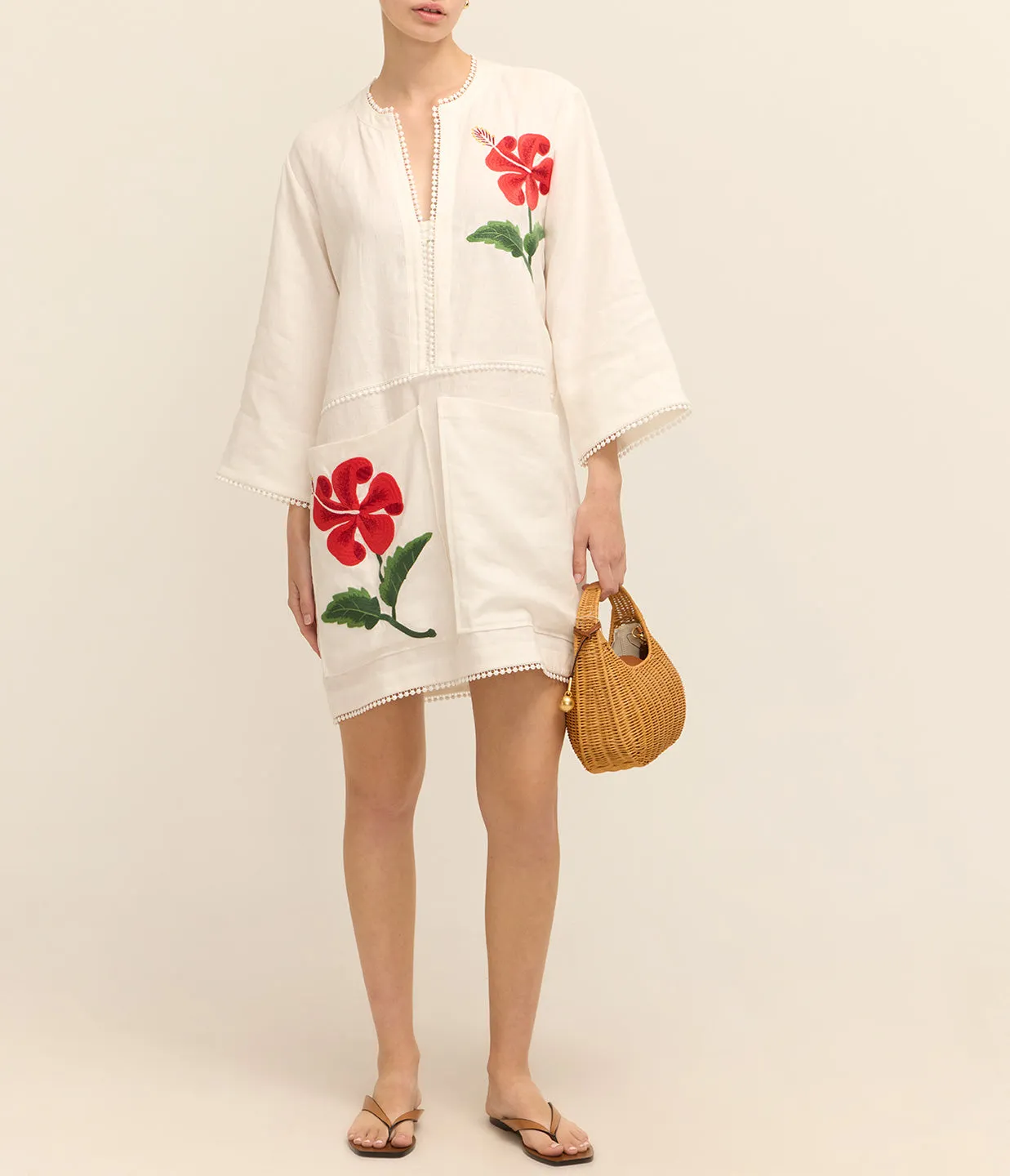 Hibiscus Embroidered Tunic Dress in Antique White