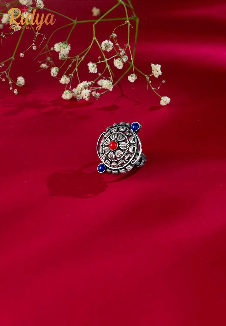Intricate Kolhapuri Coral and Blue Ring