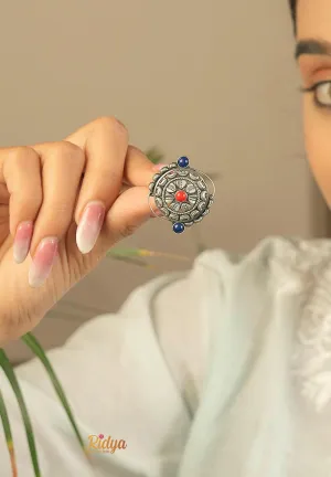 Intricate Kolhapuri Coral and Blue Ring