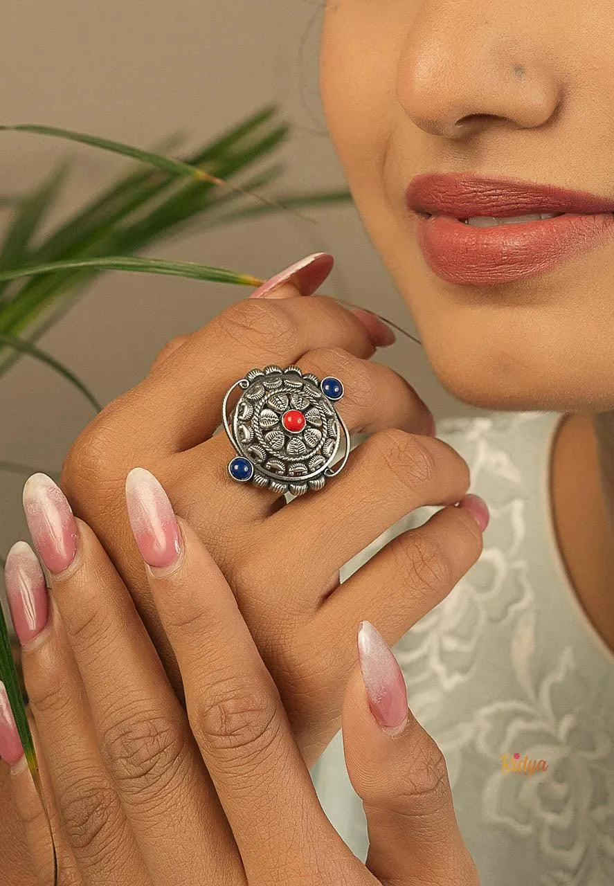 Intricate Kolhapuri Coral and Blue Ring