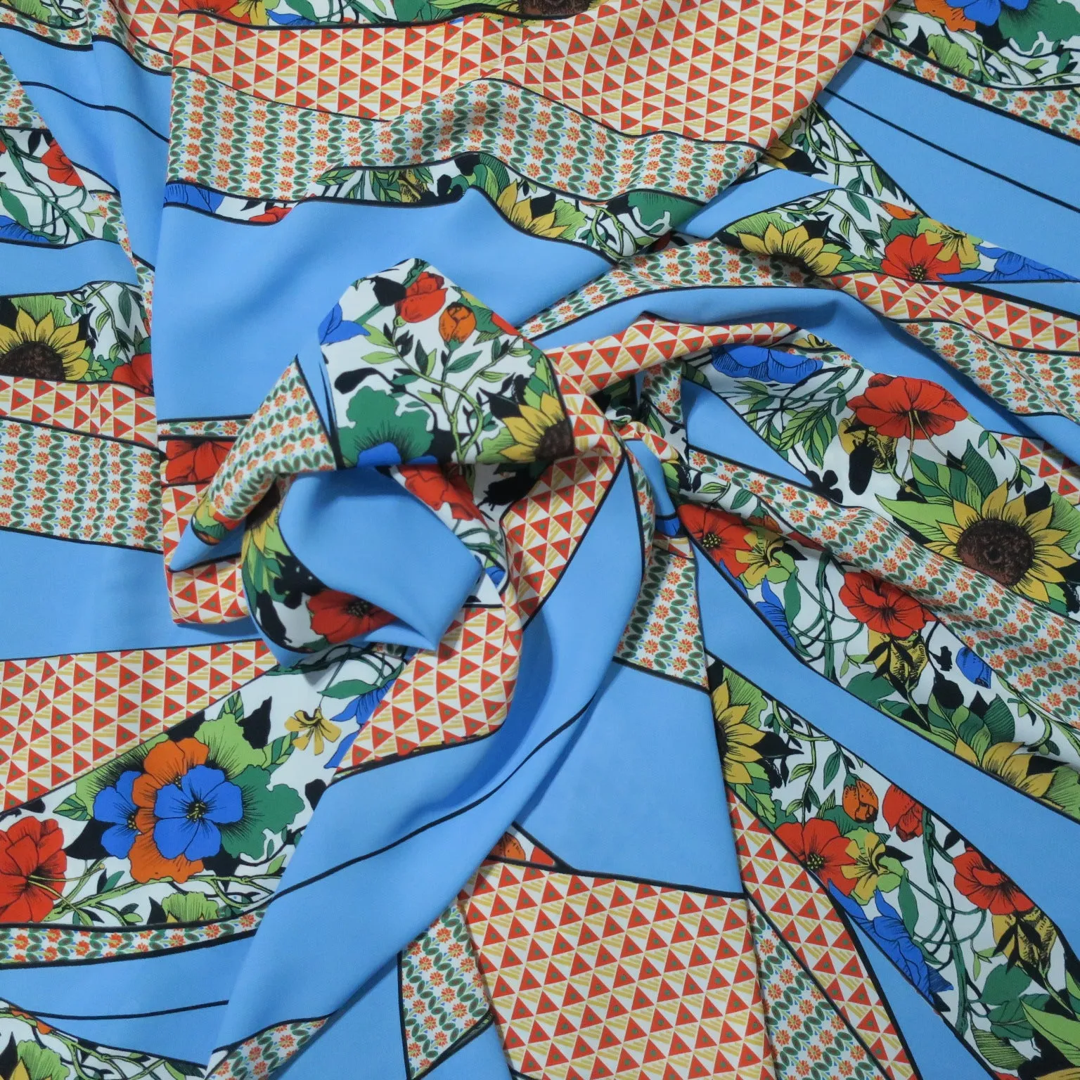 Light Blue Print with Floral and Geometric Crepe Polyester Fabric
