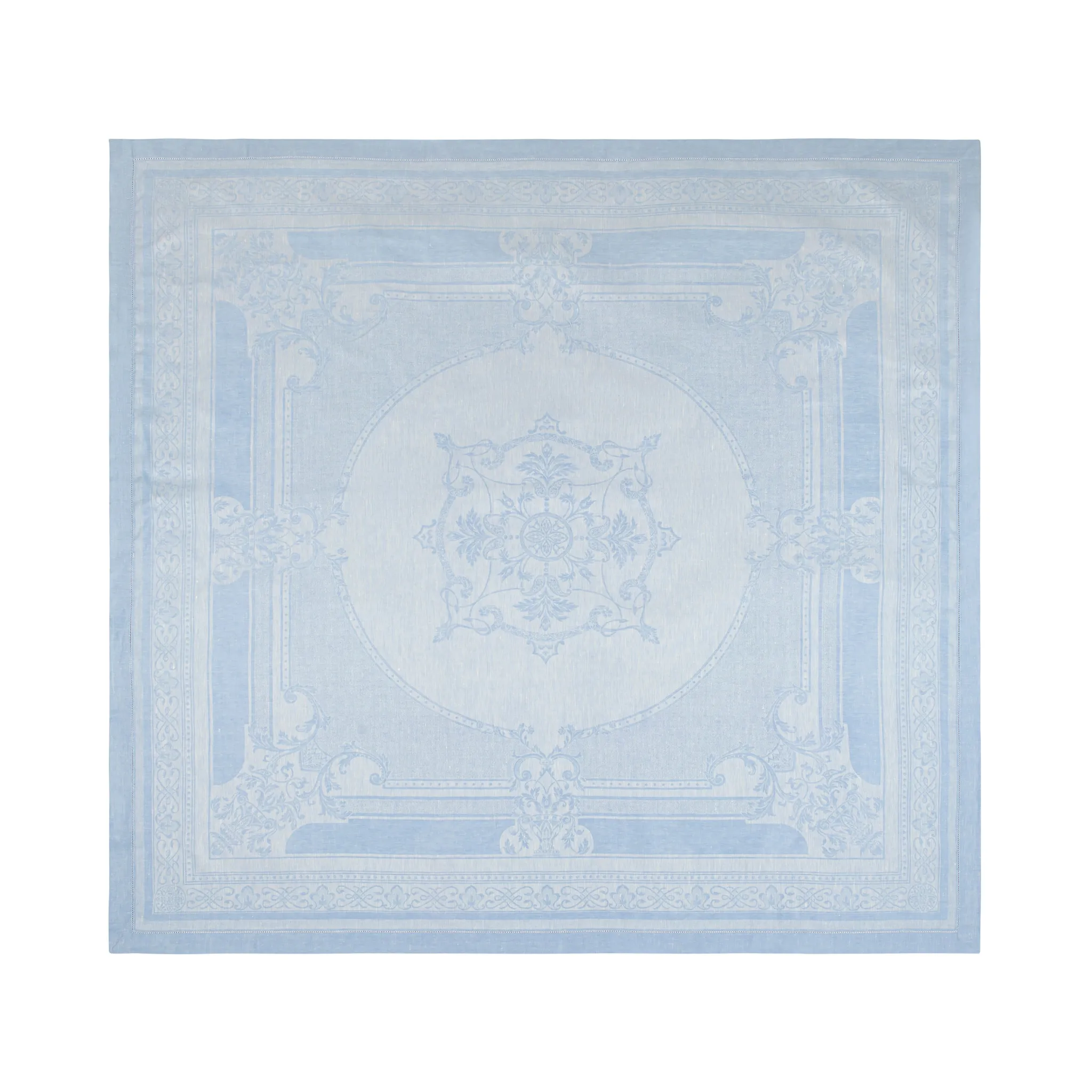 Linen Extra Long Astra Rectangular Tablecloth, Ivory and Light Blue