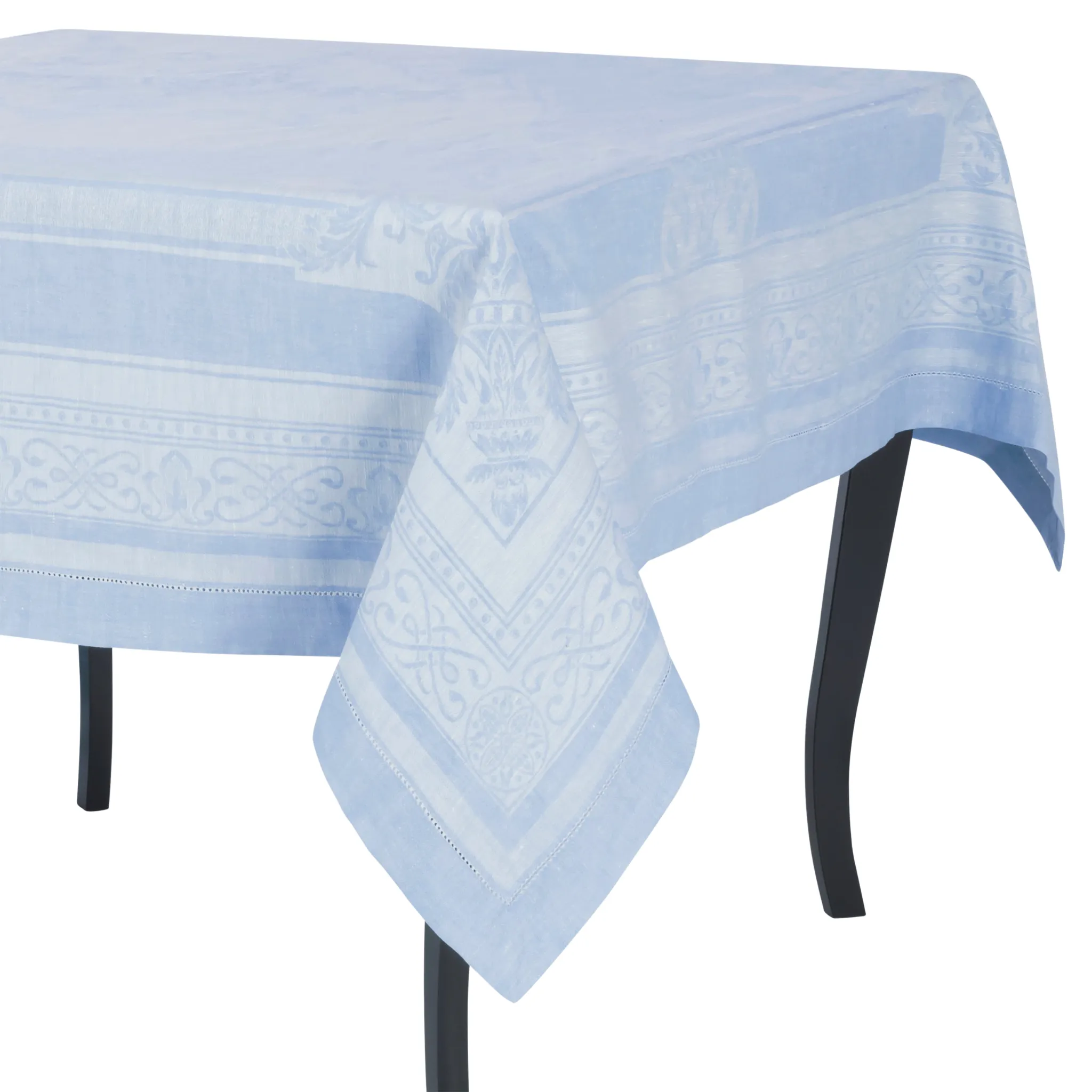 Linen Extra Long Astra Rectangular Tablecloth, Ivory and Light Blue