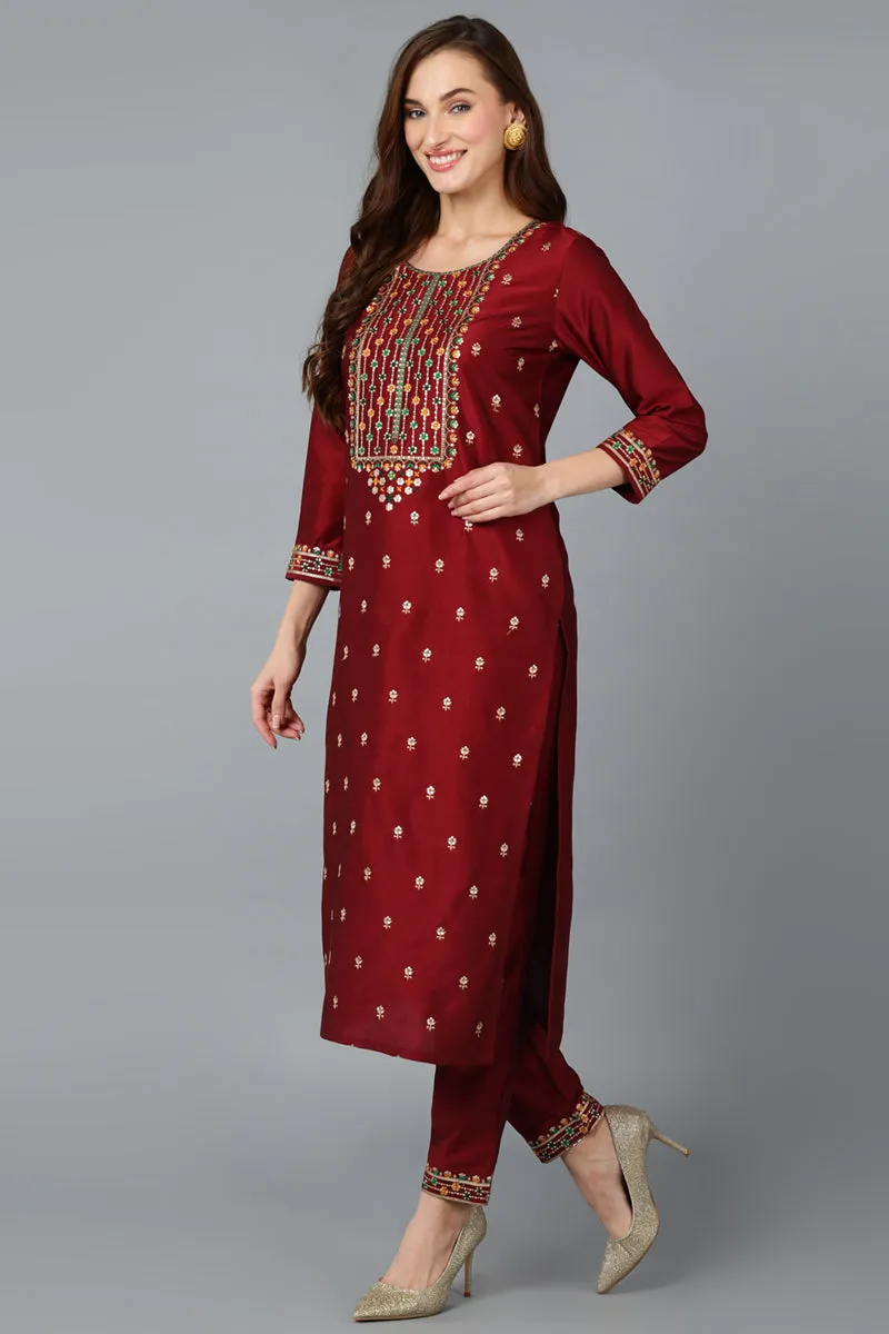 Maroon Silk Blend Embroidered Kurta Pant With Dupatta