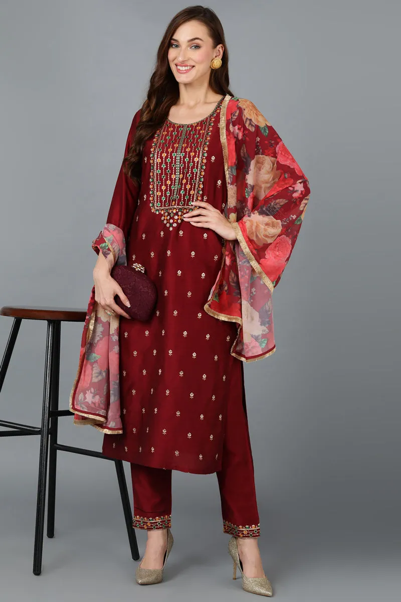 Maroon Silk Blend Embroidered Kurta Pant With Dupatta