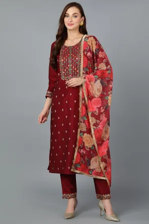 Maroon Silk Blend Embroidered Kurta Pant With Dupatta