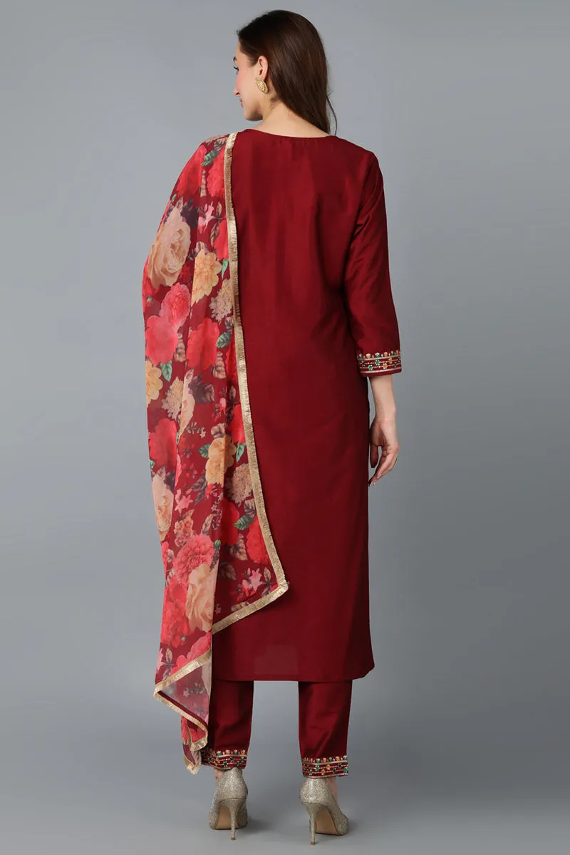 Maroon Silk Blend Embroidered Kurta Pant With Dupatta