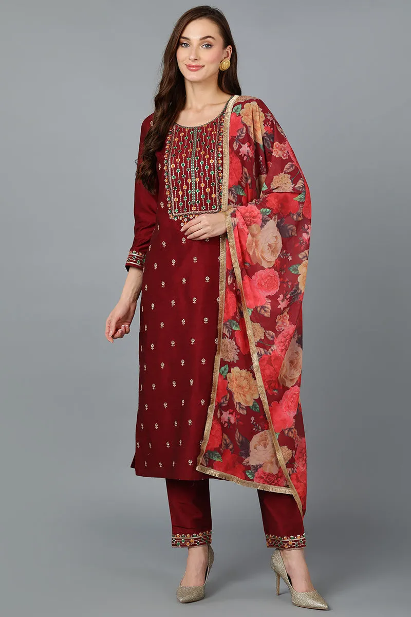 Maroon Silk Blend Embroidered Kurta Pant With Dupatta