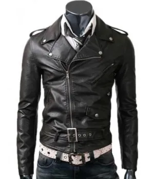 Men’s Asymmetrical Slim Fit Belted Black Leather Jacket