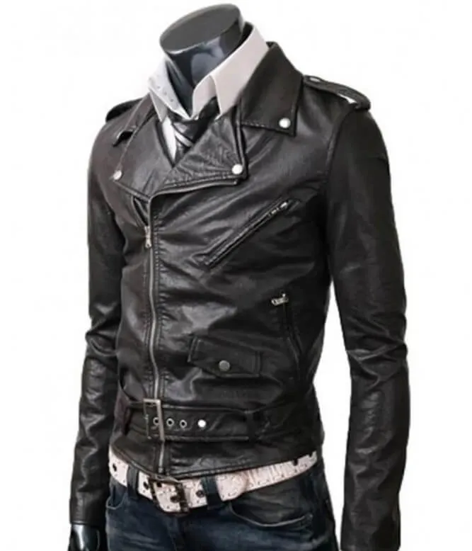 Men’s Asymmetrical Slim Fit Belted Black Leather Jacket
