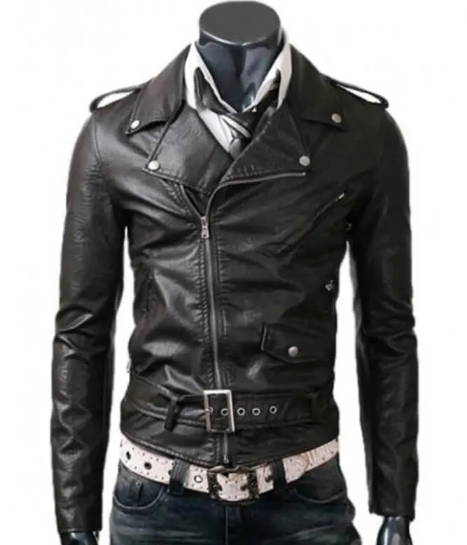 Men’s Asymmetrical Slim Fit Belted Black Leather Jacket
