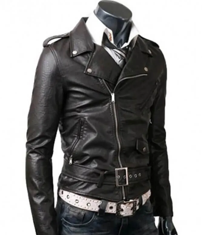 Men’s Asymmetrical Slim Fit Belted Black Leather Jacket