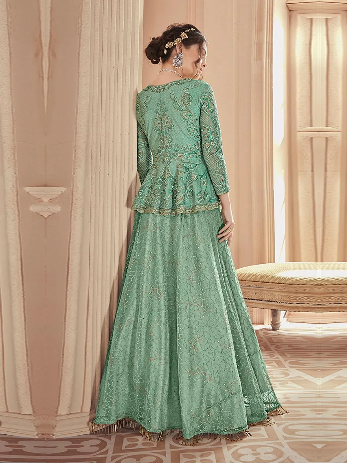 Mint Green Ethnic Embroidered Wedding Lehenga Suit