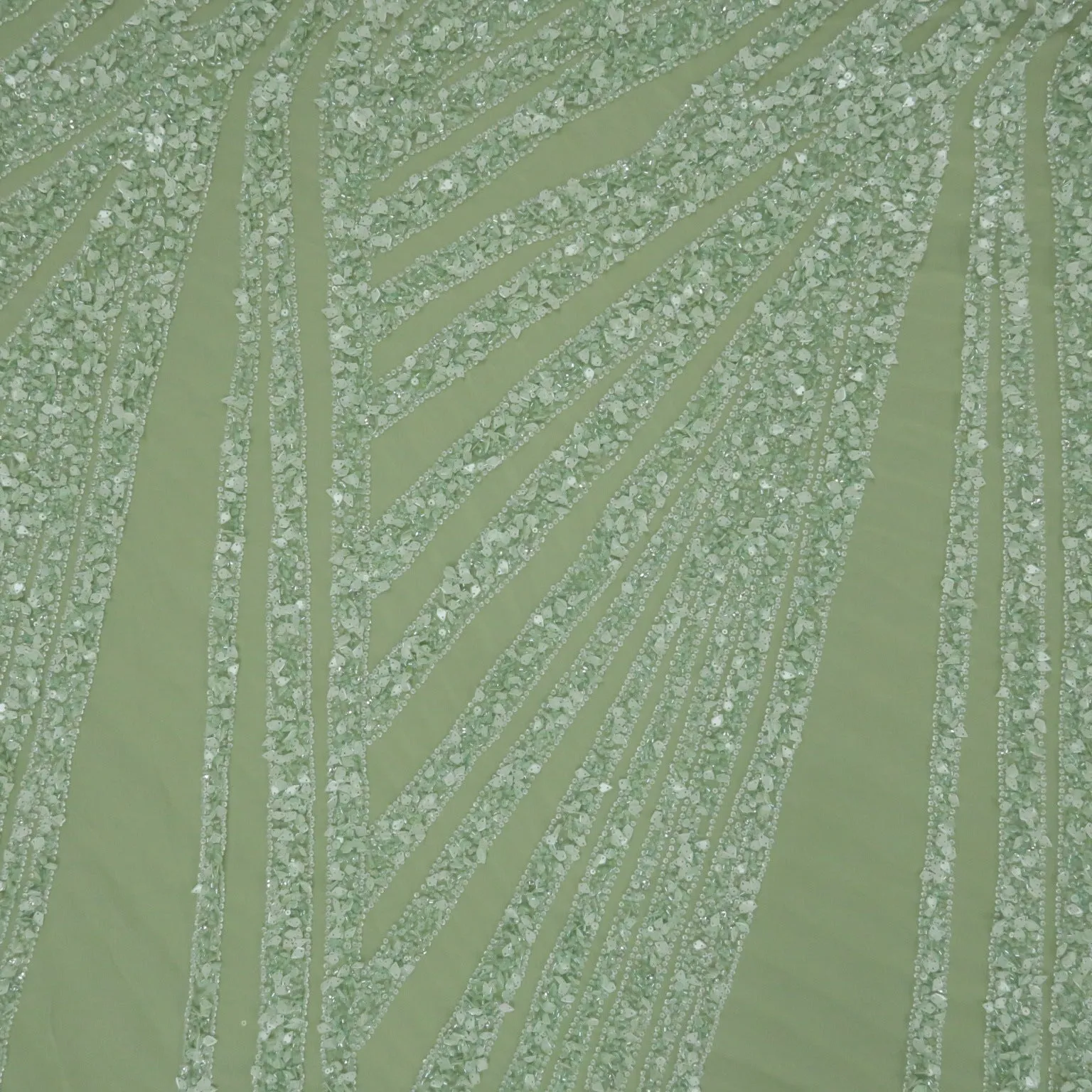Mint Green Sequins and Beads Embroidered Tulle Fabric