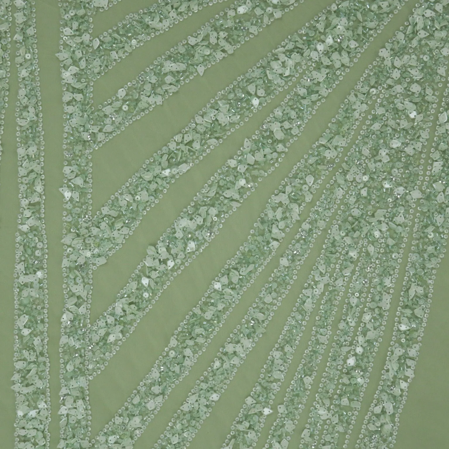 Mint Green Sequins and Beads Embroidered Tulle Fabric