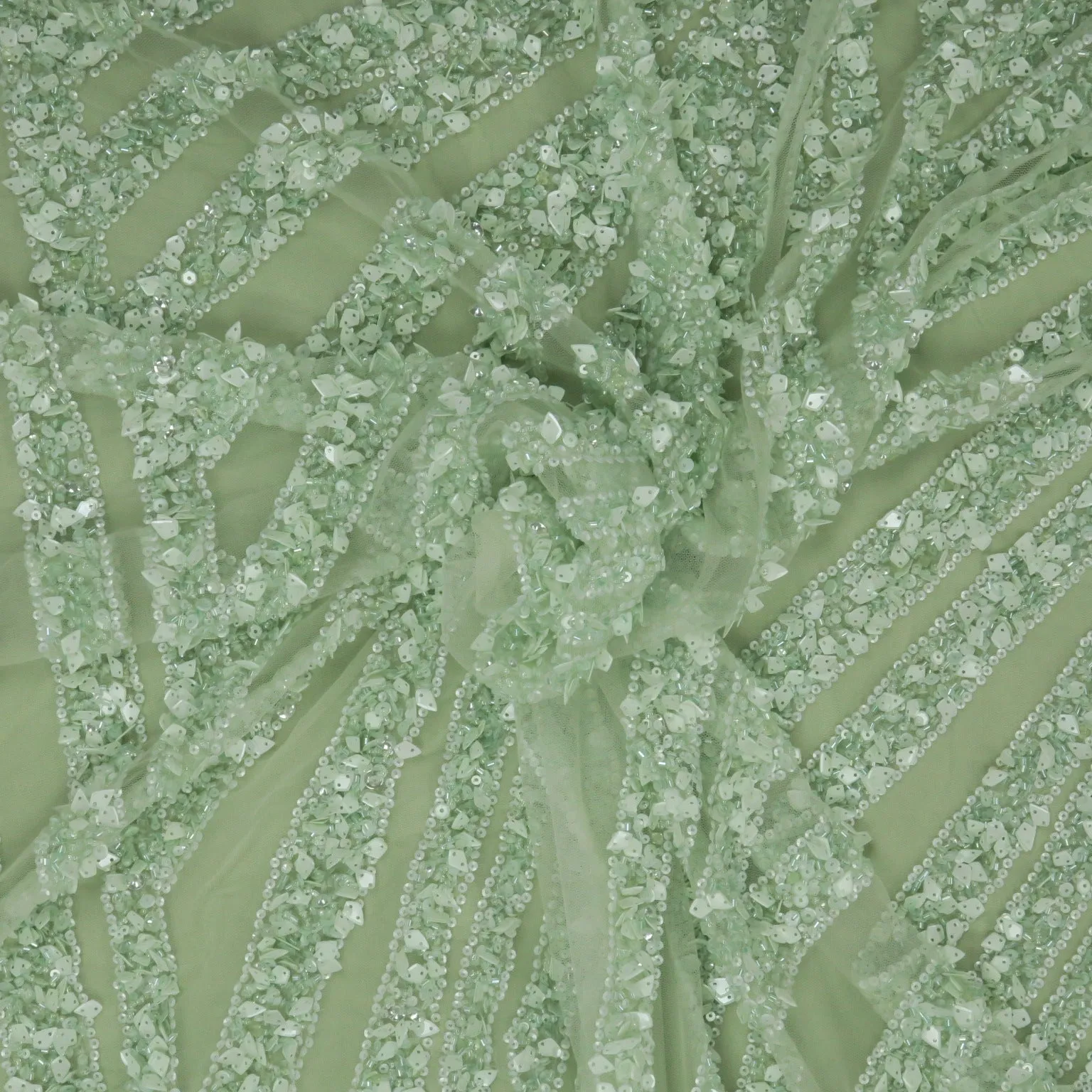 Mint Green Sequins and Beads Embroidered Tulle Fabric
