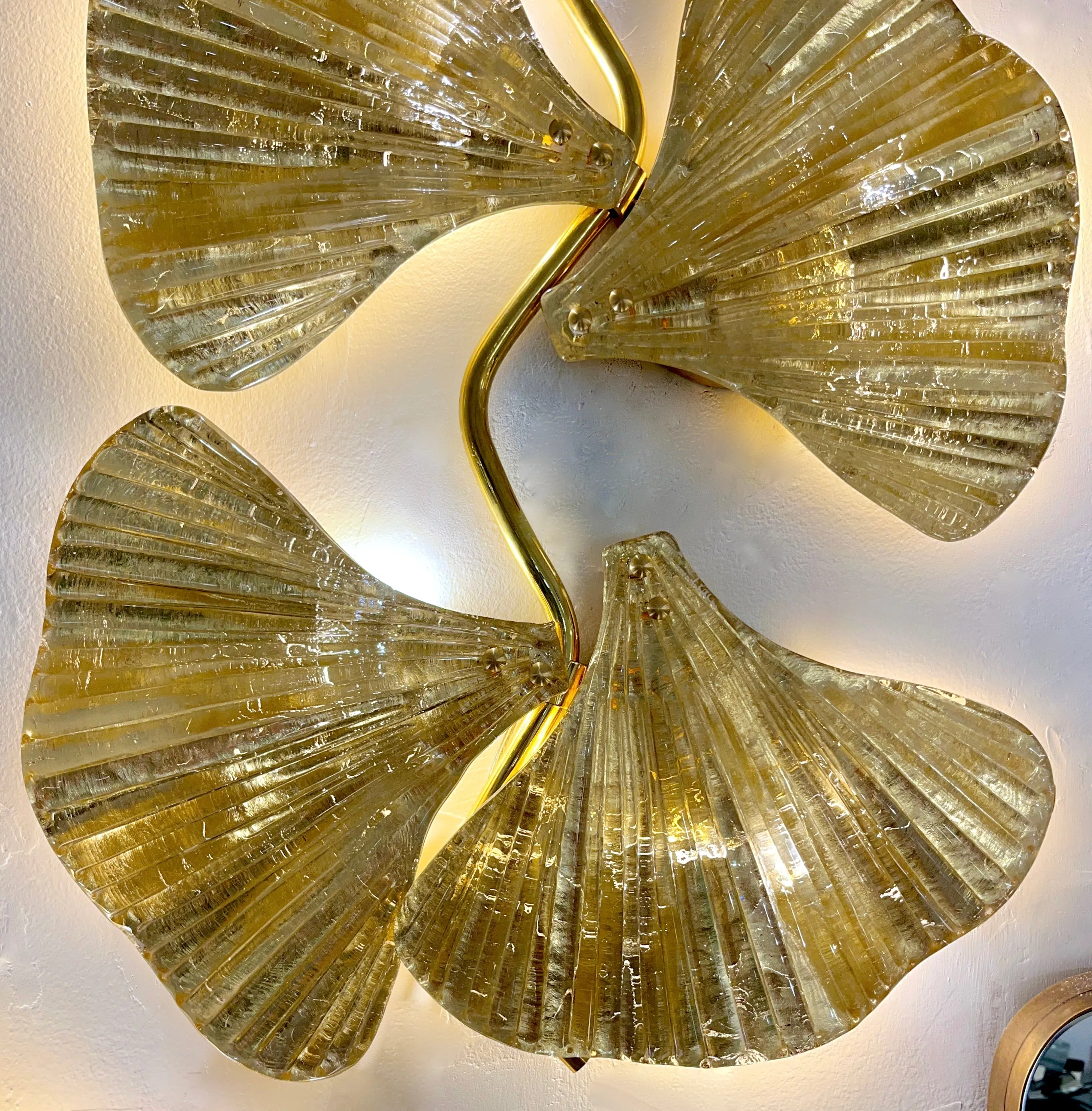 Modern Pair of Italian Gold Leaf & Crystal Murano Glass 6-Leaf Branch Sconces