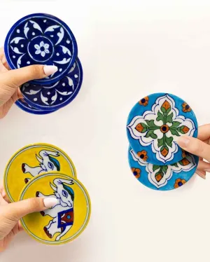Multicolor Assorted Handcrafted Pottery Coasters | Pack of 6 | 4 inches