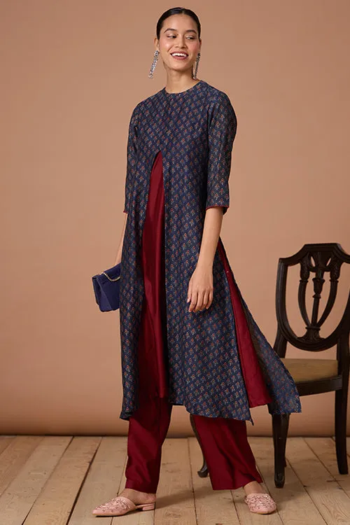 Okhai "Azure Prism" Handblock Printed Chanderi Silk Ajrakh Kurta Pant Set