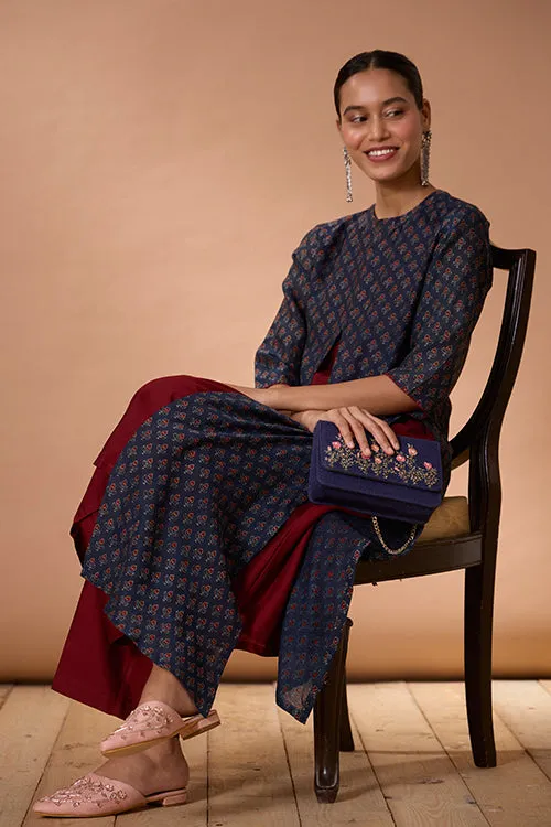 Okhai "Azure Prism" Handblock Printed Chanderi Silk Ajrakh Kurta Pant Set
