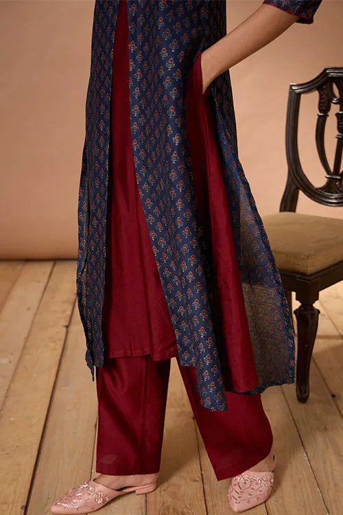 Okhai "Azure Prism" Handblock Printed Chanderi Silk Ajrakh Kurta Pant Set