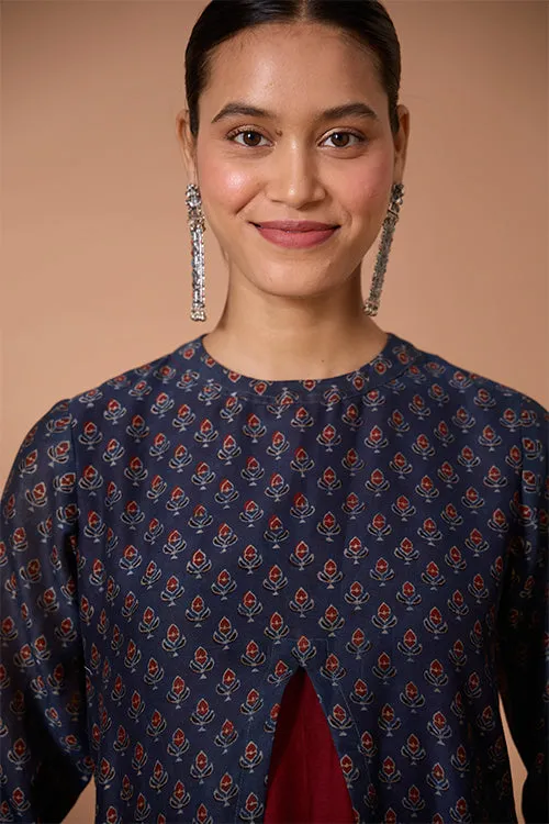 Okhai "Azure Prism" Handblock Printed Chanderi Silk Ajrakh Kurta Pant Set