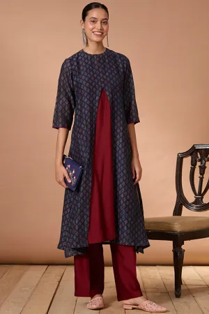 Okhai "Azure Prism" Handblock Printed Chanderi Silk Ajrakh Kurta Pant Set