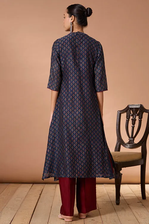 Okhai "Azure Prism" Handblock Printed Chanderi Silk Ajrakh Kurta Pant Set
