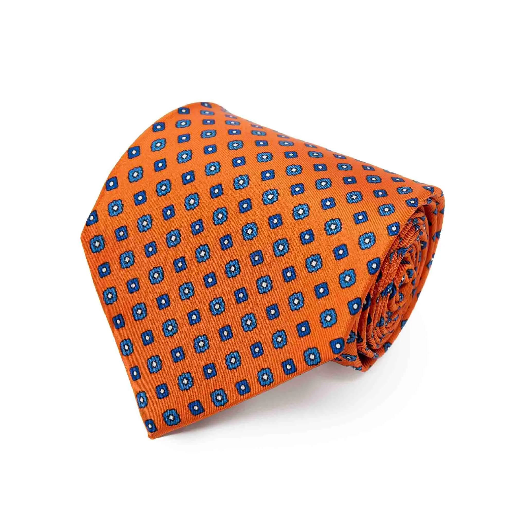 Orange Silk Tie with Blue Geometric Small Pattern