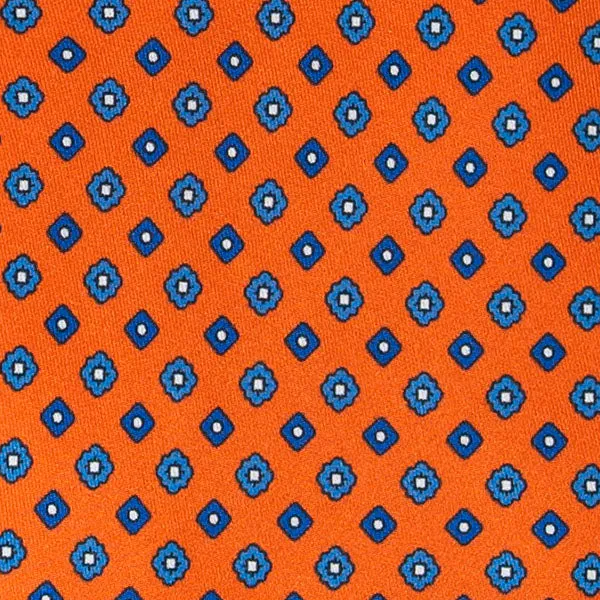 Orange Silk Tie with Blue Geometric Small Pattern