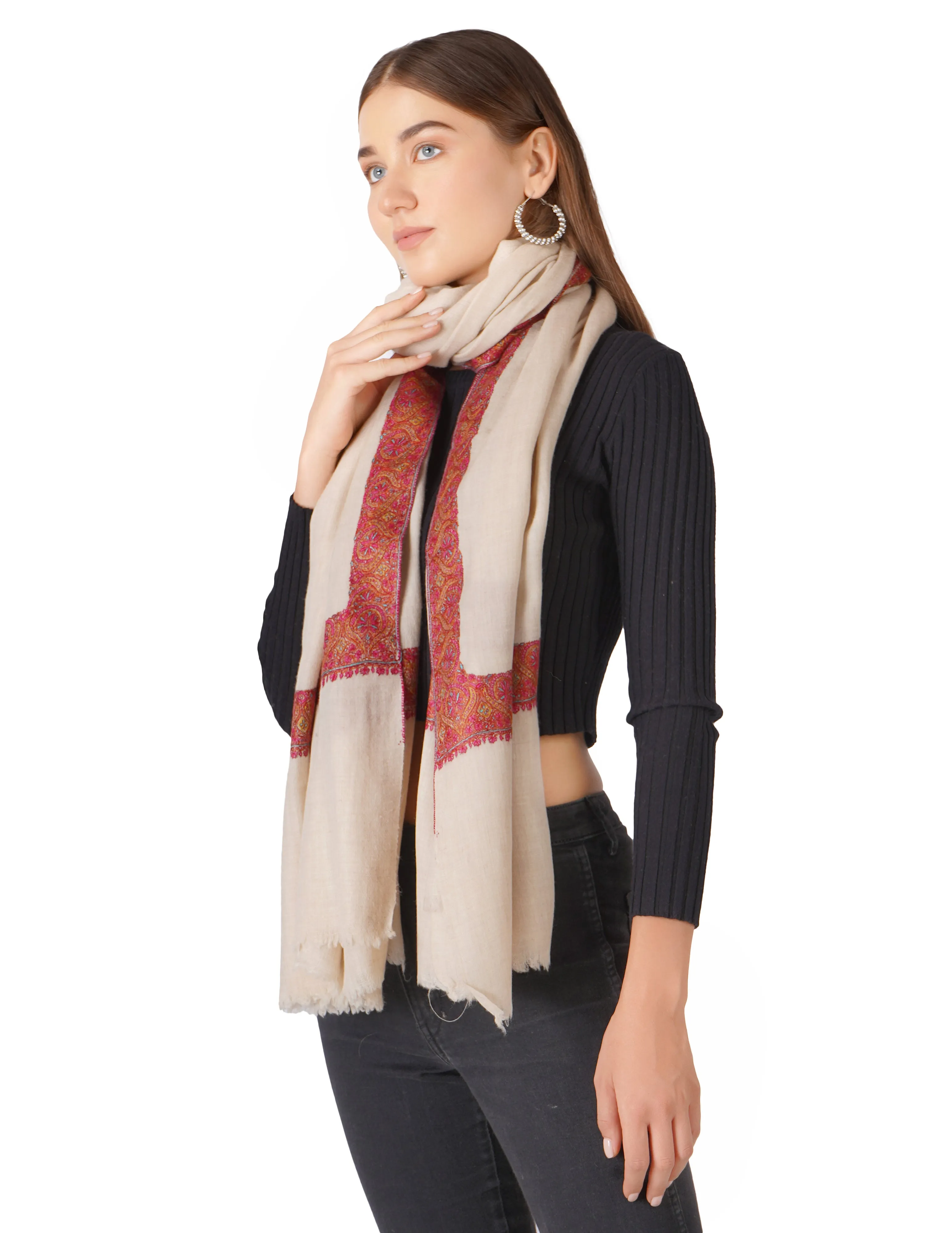 Pashmina Shawl Hand Embroidered and Handmade - Light Natural Toosh